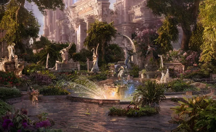 Image similar to A beautiful garden, next to a fountain and a mystical palace, hyperrealistic mixed media, stunning 3d render inspired art by P. Craig Russell and Barry Windsor-Smith + perfect facial symmetry + dim volumetric lighting, 8k octane beautifully detailed render, post-processing, extremely hyperdetailed, intricate futuristic mechanic parts, epic composition, grim yet sparkling atmosphere, cinematic lighting + masterpiece, trending on artstation