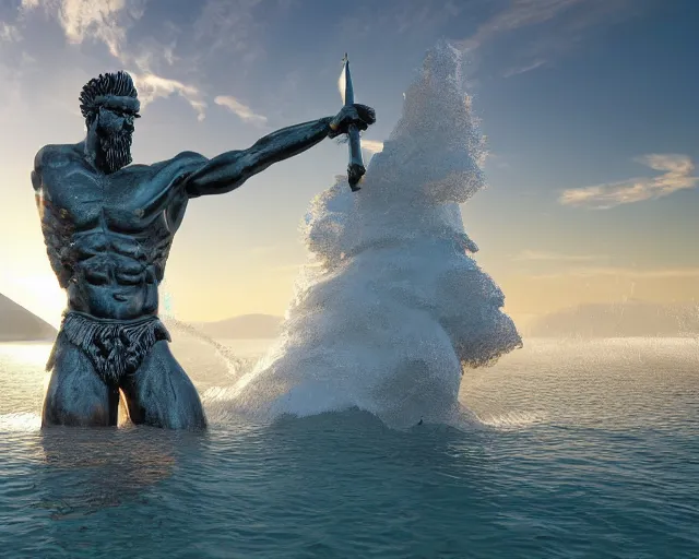 Image similar to a giant abstract sculpture of a legendary greek warrior god on the water, in the style of chad knight, award winning, cinematic, hyper - realistic, very detailed, realistic water splashes, ray tracing, 8 k resolution, long - shot, sharp focus, low angle, 8 5 mm photograph, wide lens