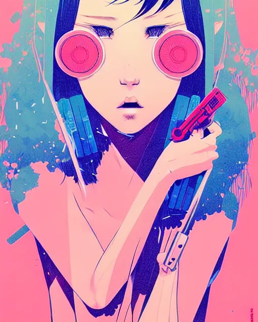 Image similar to girl holding flashbang, detailed manga illustration!! intricate details, beautiful perfect face, perfect body, aesthetically pleasing pastel colors, poster background, aesthetic details, art by conrad roset and ilya kuvshinov