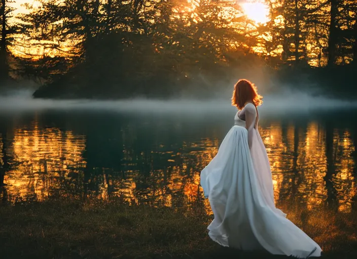 Image similar to a 2 8 mm holga photo of a woman in a formal gown emerging from a lake, misty, morning, splash art, movie still, bokeh, canon 5 0 mm, cinematic lighting, dramatic, film, photography, golden hour, depth of field, award - winning, anamorphic lens flare, 8 k, hyper detailed, 3 5 mm film grain