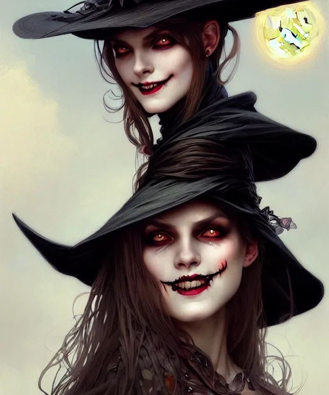 Image similar to halloween witch woman in a hat smiles, fantasy magic, undercut hairstyle, dark light night, intricate, elegant, sharp focus, illustration, highly detailed, digital painting, concept art, matte, art by wlop and artgerm and greg rutkowski and alphonse mucha, masterpiece