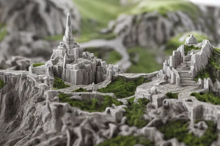 Prompt: Miniature Minas Tirith in miniature landscape. Macro photo, god rays
