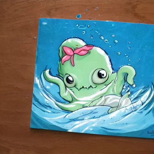 Prompt: cute baby cthulu splashing in the ocean-H 768