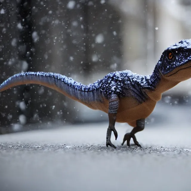 Image similar to a beautiful photo by saul leiter of a tiny dinosaur standing in the street, tiny gaussian blur, insanely detailed, insanely intricate, insanely beautiful, depth of field, low contrast, snowy, wide aperture