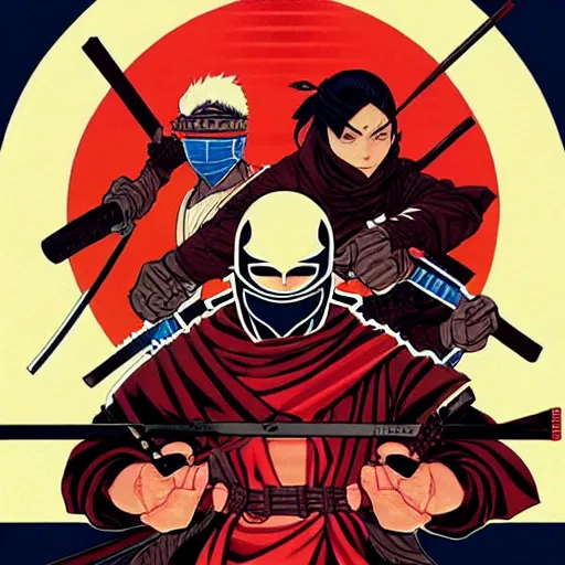 Image similar to concept art design illustration, revenge of the shinobi game cover!! 1 6 colors, logo, ink drawing, art by jc leyendecker and sachin teng