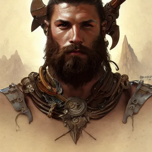 Image similar to portrait of a rugged dolphin warrior, muscular, upper body, hairy torso, D&D, fantasy, intricate, elegant, highly detailed, digital painting, artstation, concept art, matte, sharp focus, illustration, art by Artgerm and Greg Rutkowski and Alphonse Mucha