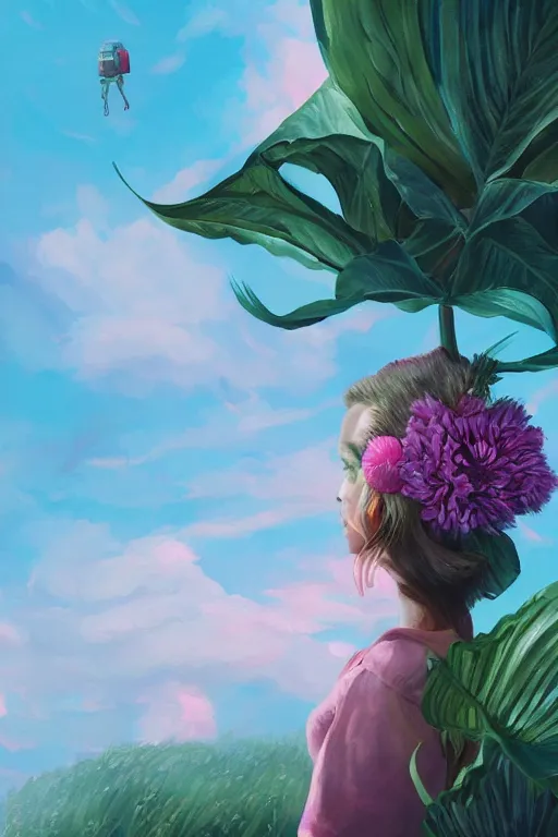 Image similar to closeup, girl with giant flower head, between monsteras, surreal photography, wind and cold, dramatic sky, impressionist painting, digital painting, artstation, simon stalenhag