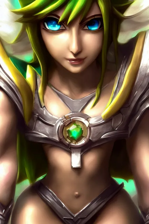 Image similar to portrait, head and torso only, palutena in a victorious stance, trending on artstation, concept art, movie poster, fine detail, unreal engine, masterpiece, 4 k, hd