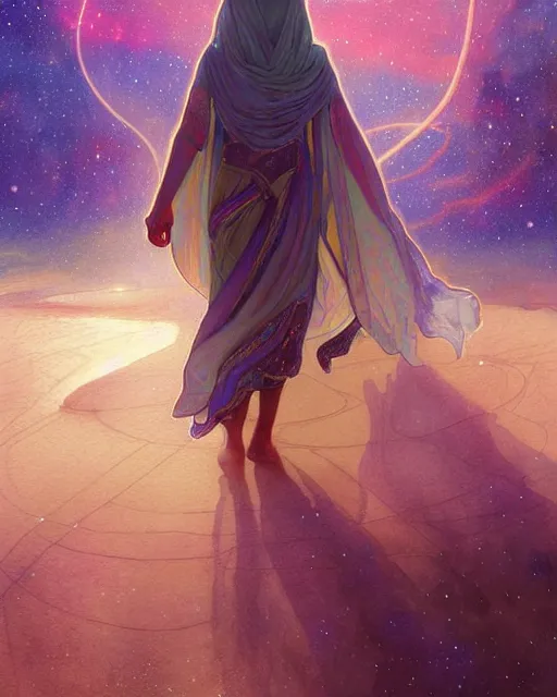 Image similar to bedouin in galaxy walking towards mosque surrounded by nebula, highly detailed, gold filigree, romantic storybook fantasy, soft cinematic lighting, award, disney concept art watercolor illustration by mandy jurgens and alphonse mucha and alena aenami, pastel color palette, featured on artstation