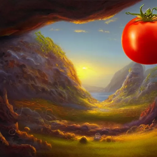 Prompt: a beautiful matte painting of a very beautiful tomato in a fantasy landscape, by steve argyle and mark arian