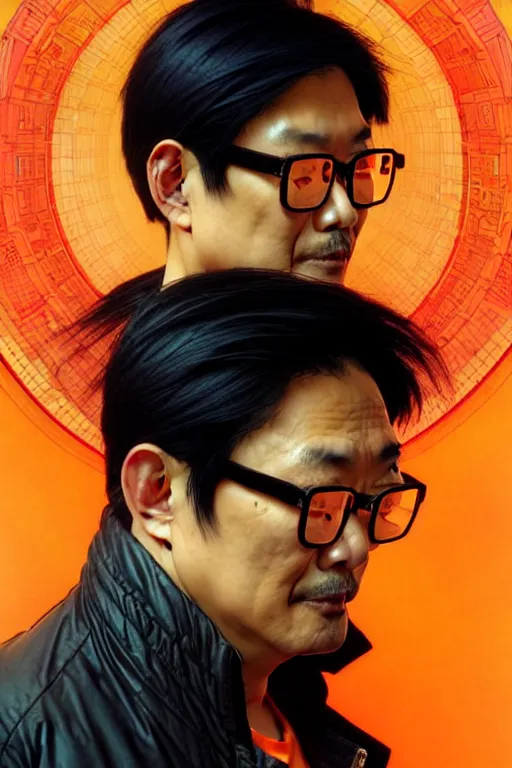 Image similar to a middle aged asian man with short black hair, broad shoulders, thick round spectacles, wearing a bright orange bomber jacket, seductive cyberpunk dark fantasy, art by artgerm and karol bak and moebius and alphonse mucha and greg rutkowski, hyperdetailed, ultrarealistic, octane render