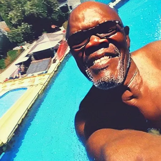 Prompt: high-quality selfie taken by Samuel L Jackson while he goes down a waterslide