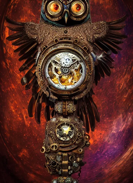 Image similar to steampunk aztec owl pocketwatch, intricate detail, volumetric lighting, epic composition, hyper detailed, ultra realistic, sharp focus, octane render, lava lamp, blue moon, volumetric, ray tracing, artstation trending, cgsociety, sense of awe, swirling mist, 4 k