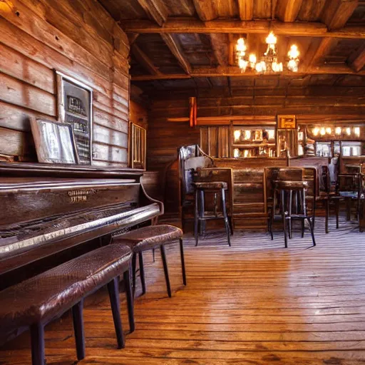 Image similar to Empty Old West Saloon at the break of day with a Grand Piano and Staircase, dust particles in the air, god beams coming through the windows, hyper realistic, HD, DLSR Camera