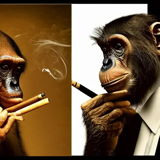 Image similar to a high detail photo of donald trump smoking a cigarrette, subject= chimp, subject detail: extremly detailed, subject action: smoking a cigar, photorealism, dramatic lighting, award winning photograph, trending on artstation