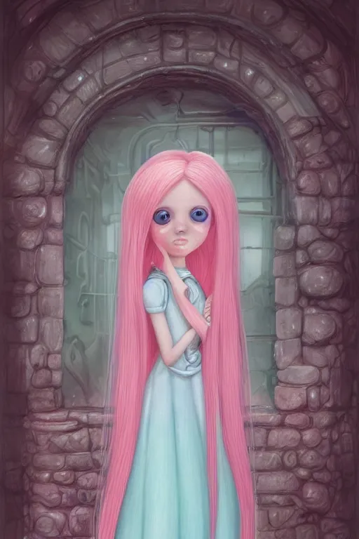 Image similar to highly detailed, profile portrait of a extremely beautiful, young adult, princess bubblegum from adventure time, experimenting in her castle lab, wearing lab coat & saftey goggles, long bubblegum hair with long straight bangs, illustration concept art by nicoletta ceccoli, mark ryden, lostfish, detailed and intricate environment, 8 k resolution, hyperrealistic, octane render