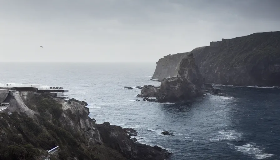 Prompt: coastal perched on a cliff overlooking a magnificient bay, brutalist imperial military base, drawing architecture, ultra very long shot, top angle, imperial architecture in rogue one, pritzker architecture prize, brutalism architecture, jan urschel, greig fraser