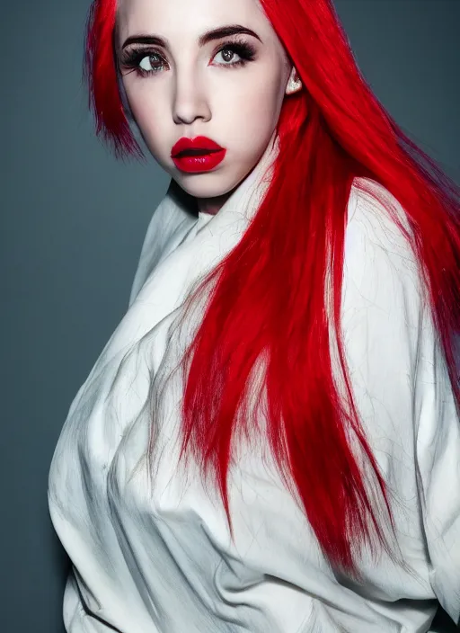 Image similar to ava max bright red hair photographed by charlotte rutherford, canon, highly realistic. high resolution. highly detailed. dramatic. 8 k. 4 k.