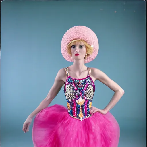 Image similar to a princess with long blonde hair and blue eyes wearing a sleeveless elaborately beaded pink dress and a cone shaped hat, high resolution film still, film by Simon Langton and David Frankel