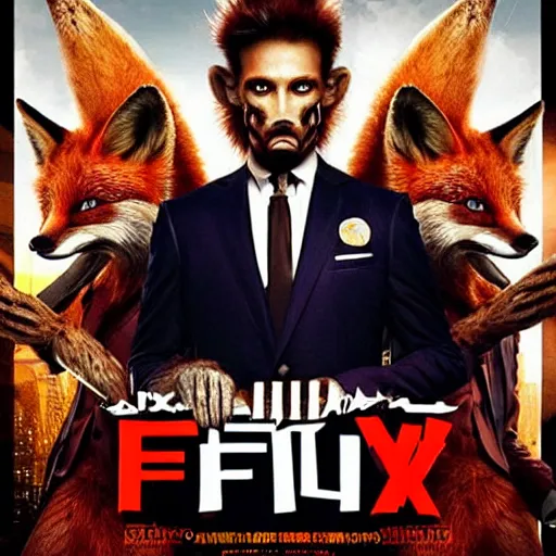 Prompt: hdr quality poster for an action movie fearing cool looking anthropomorphic male foxes in suits stealing fried chicken, promotional media