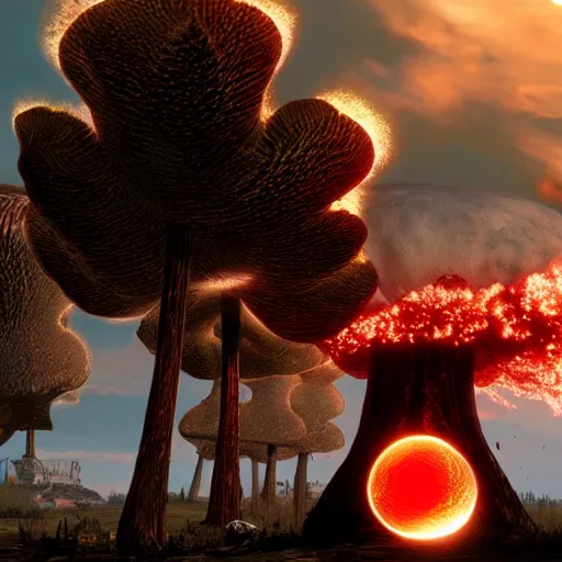 Image similar to nuclear explosion with huge mushroom cloud, rdr 2 screenshot