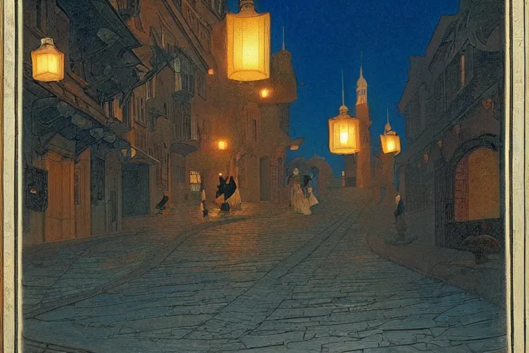 Image similar to winding street at midnight in a very old very beautiful city by George Price Boyce and Maxfield Parrish, glowing paper lanterns, strong dramatic cinematic lighting , ornate tiled architecture, lost civilizations, smooth, sharp focus, extremely detailed