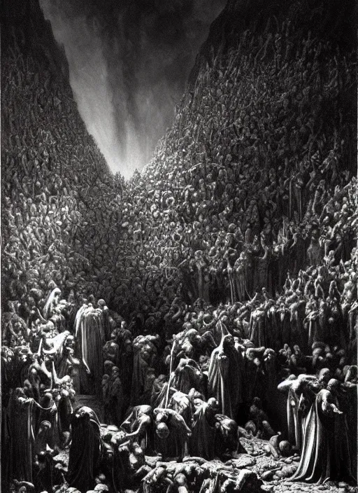 Image similar to dante's inferno, epic scene, photorealistic, highly detailed, texture, soft light, dramatic, moody, ambient, painting by gustave dore