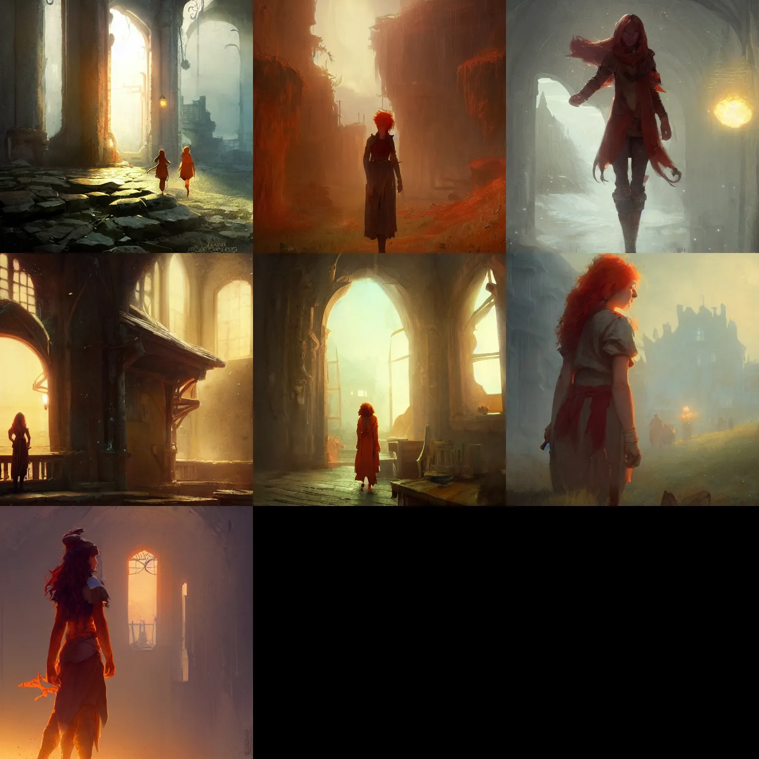Prompt: young Natalie Postman as freckeld, orange-red haired a innkeeper, fantasy concept art by Greg Rutkowski and J.Dickenson, atmospheric, dark background
