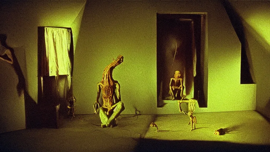 Image similar to the strange creature in the box in the attic, they look at me, film still from the movie directed by wes anderson and david cronenberg with art direction by salvador dali and zdzisław beksinski, wide lens