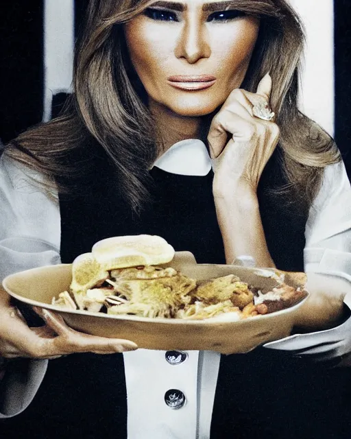 Image similar to Melania Trump eating garbage. Portrait by Annie Leibovitz.