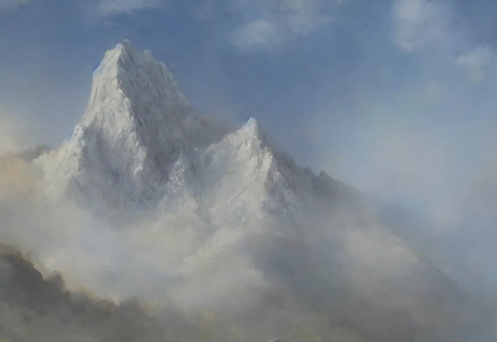 Image similar to fantasy painting of a mountain reaching above the clouds, highly detailed,