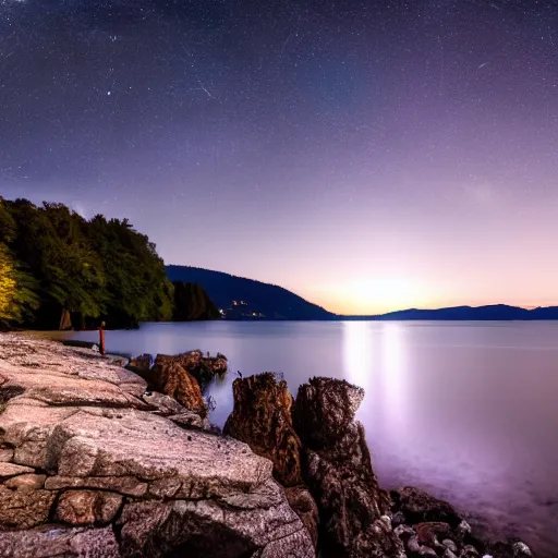 Image similar to lake of constance at night on a rocky beach with stars above and a full moon. photo trending on artstation