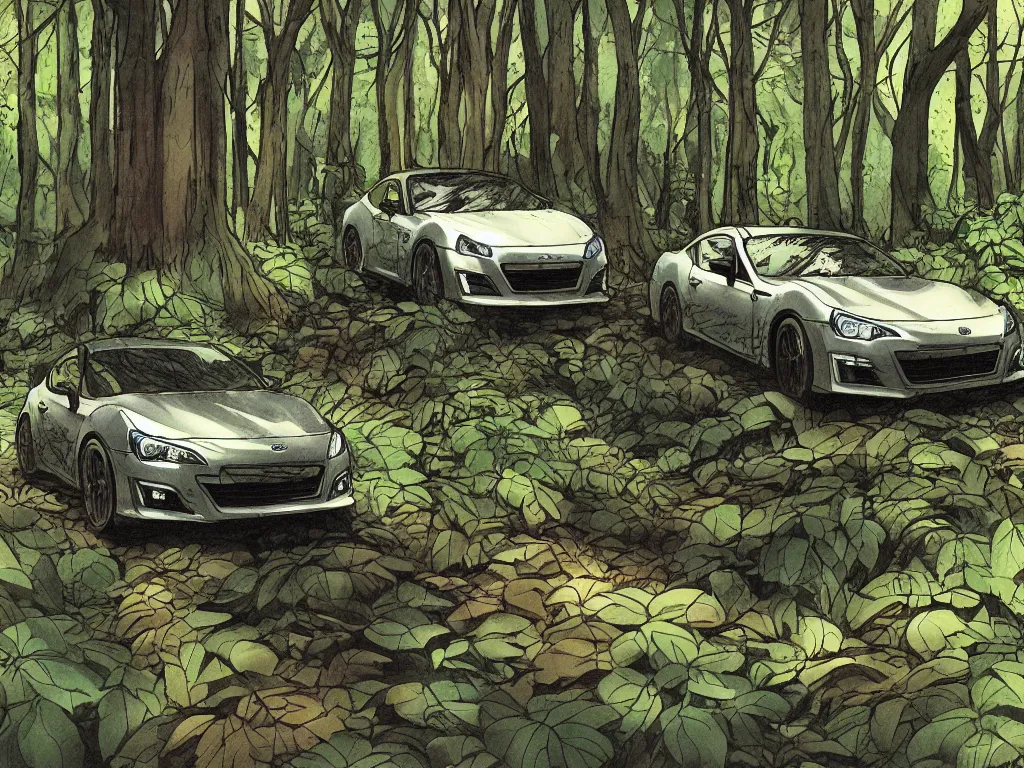 Prompt: subaru brz in a forest by studio ghibli