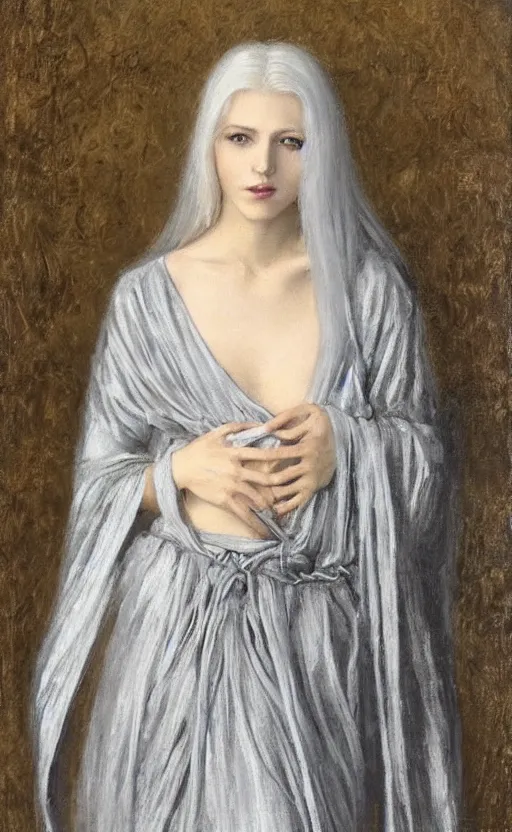 Prompt: who is this with silver hair so pale and wan! and thin!? petite feminine goddess, wearing long silver robes, flowing hair, pale fair skin!!, young face, silver hair, covered!!, clothed!! lucien levy - dhurmer, jean deville, oil on canvas, 1 8 9 6, 4 k resolution, aesthetic!, mystery