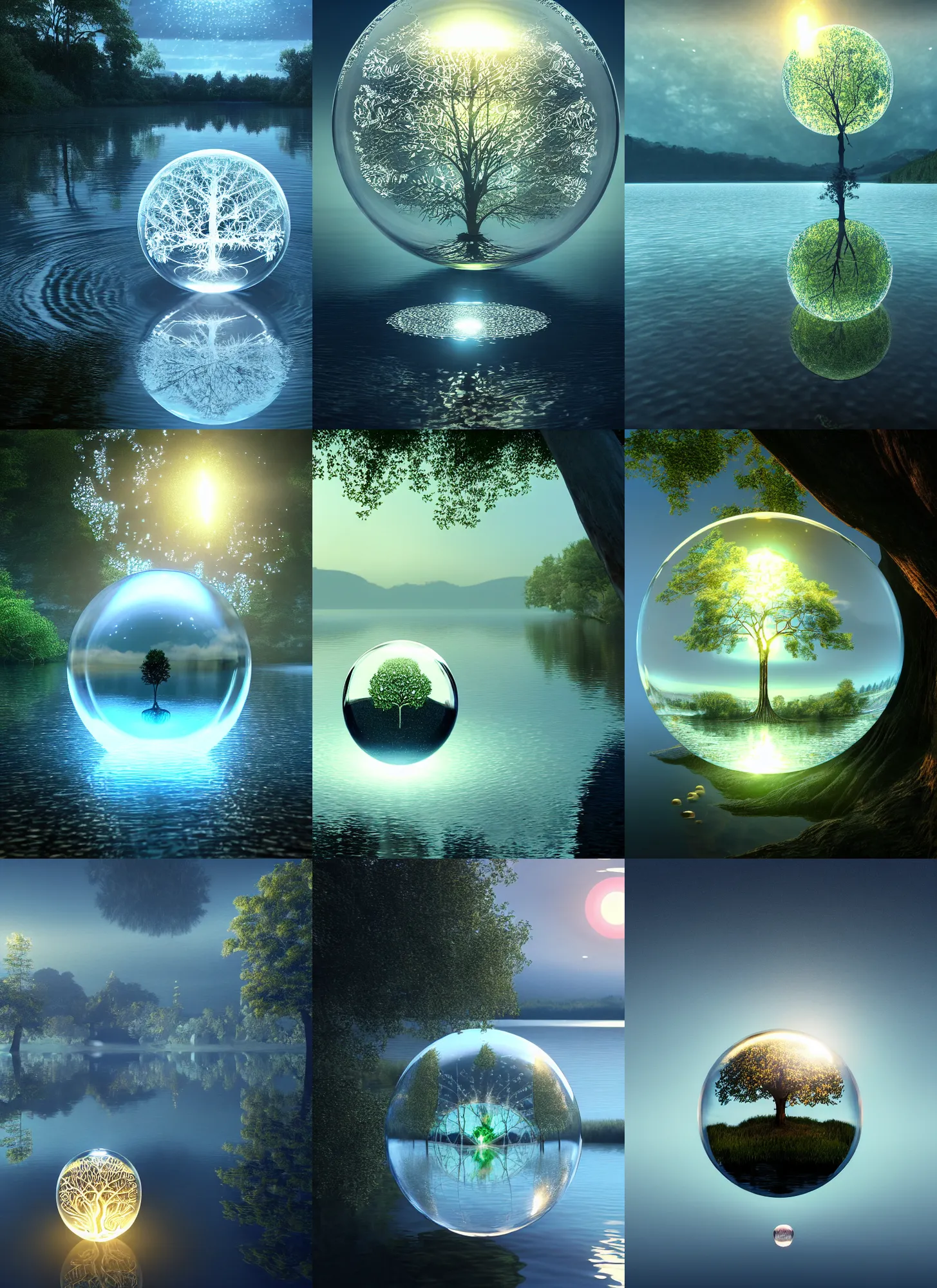 Prompt: glowing transparent crystal ball emerging from a serene lake, ball centered horizontally, radiant light, tree of life inside the ball, intricate details, reflections on the water, ripples, moody sky, hyperdetailed illustration by yuumei, by mark brooks, artstation, unreal engine 5, low global light, coherent composition