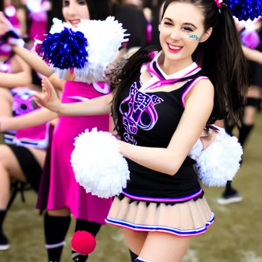 Prompt: a demon horned smiling anime girl wearing cheerleader dress holding cheerleader pompom on both hands