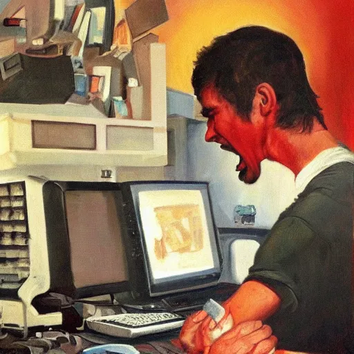 Image similar to an angry man screams at his computer monitor, oil on canvas, 1 9 6 7, highly detailed