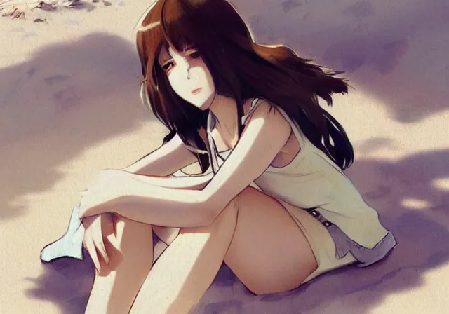 Image similar to A girl with short brown hair, wearing a white blouse, laying on a beach chair, drawn by WLOP, by Avetetsuya Studios, attractive character, colored sketch anime manga panel, trending on Artstation