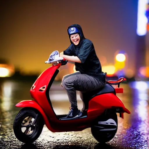 Image similar to Photorealistic photograph of Naruto smiling while driving a moped during a rainy night, 35mm photograph, realistic, heavy detail