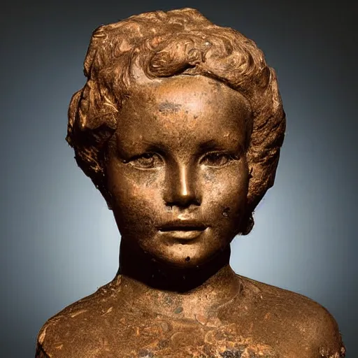 Image similar to an extremely ancient rusty iron bust of tuesday weld that is tarnished and covered in sediment from uncovered earth expedition, rare photograph, smithsonian,