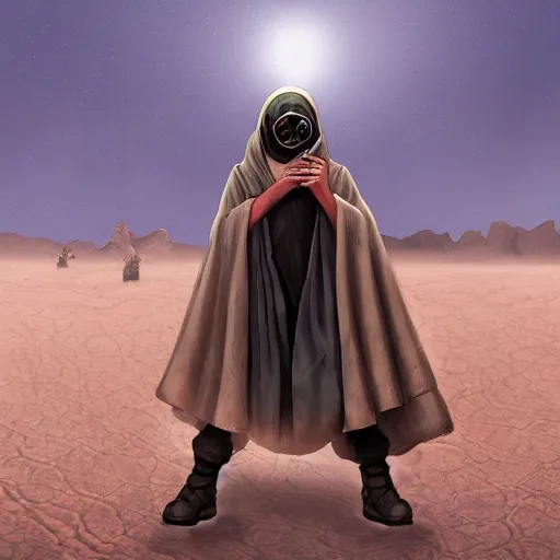 Prompt: a man wearing a long cloak and gasmask, in the desert, album cover, illustrated by Arik Roper, high detail, trending on artstation