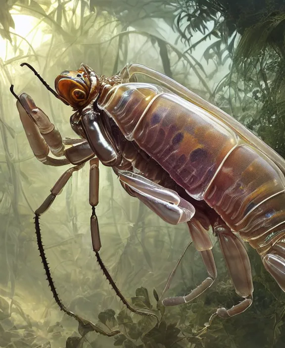 Prompt: opulent transparent clear see - through portrait of a terrifying beautiful male alien isopod cyborg, mottled coloring, adorable, childlike, overgrown biopunk jungle environment, ultra realistic, concept art, art nouveau, photorealistic, octane render, 8 k, unreal engine. art by christopher marley and artgerm and greg rutkowski and alphonse mucha