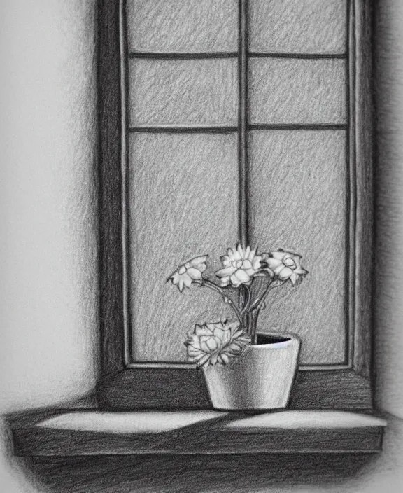 Image similar to a pencil drawing of a flower in a clay pot on a window sill. by pen tacular