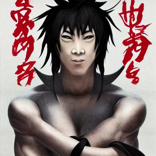 Image similar to mazoku martial artist, handsome japanese demon boy, young adult yokai with long spiky black hair, vantablack gi, muscular, red eyes, ultra realistic, intricate details, highly detailed, subsurface scattering, photorealistic, octane render, 8 k, art by artgerm, greg rutkowski, magali villeneuve, alphonse mucha