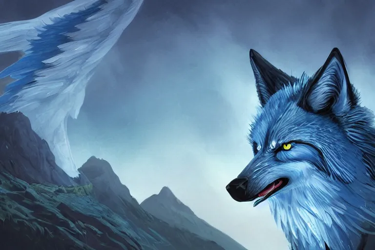 Image similar to Blue feathered wolf with wings on a beautiful fantasy landscape, hills, mountains, moonlit, HD, illustration, epic, D&D, fantasy, intricate, elegant, highly detailed, digital painting, artstation, concept art, smooth, sharp focus, illustration, art by XIAODI JIN, Anthony Devine and Yigit Koroglu