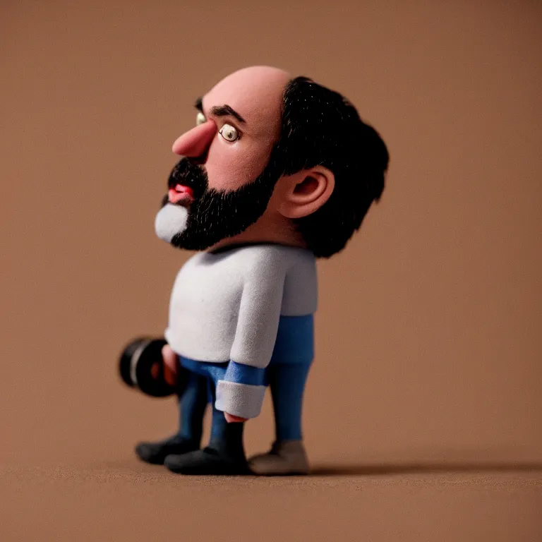 Image similar to a cinematic film still of a claymation stop motion film starring tom segura, shallow depth of field, 8 0 mm, f 1. 8