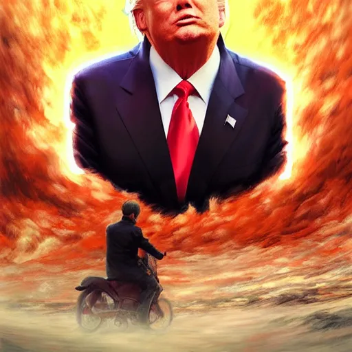 Image similar to head and shoulders masterpiece portrait of a donald trump riding a nuke, surreal background, digital art by krenz cushart, trending on artstation, cgsociety,