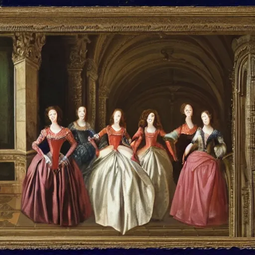 Prompt: fine art, oil on canvas. six women in a vast castle lobby wearing fine clothes, no faces visibles. dark room with light coming through the right side. baroque style 1 6 5 6. high quality realistic recreation of illumination shadows and colors, no distortion on subject faces.