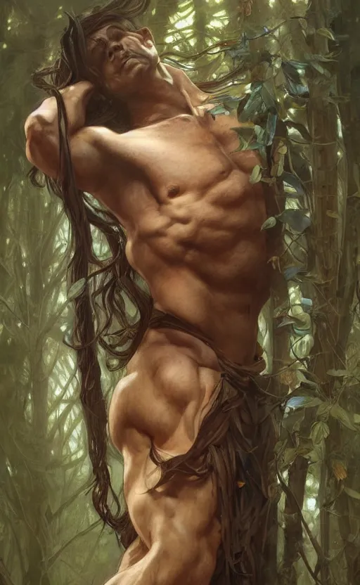 Image similar to God of the forest, male, shoulder-length hair, gorgeous, amazing, muscular, intricate, highly detailed, digital painting, artstation, concept art, sharp focus, illustration, art by greg rutkowski and alphonse mucha