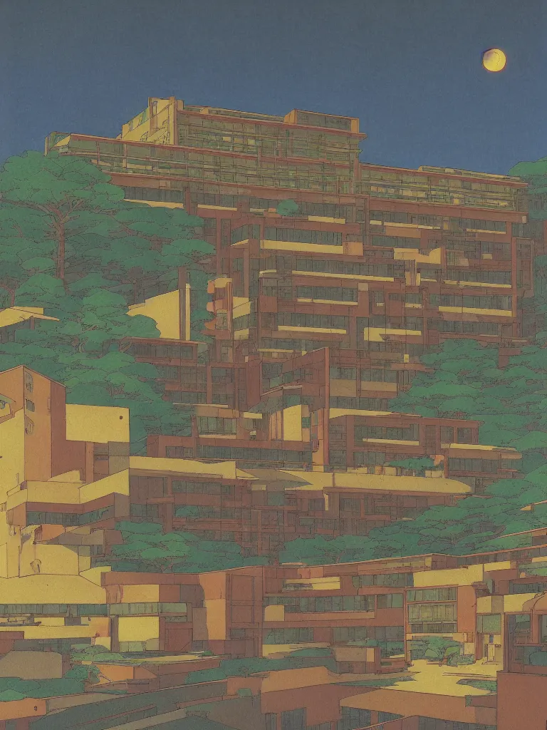 Image similar to a psychedelic hallucination of a brutalist hotel in the mountains, by kawase hasui, moebius, edward hopper, colorful flat surreal design, dramatic lighting, hd, 8 k, artstation